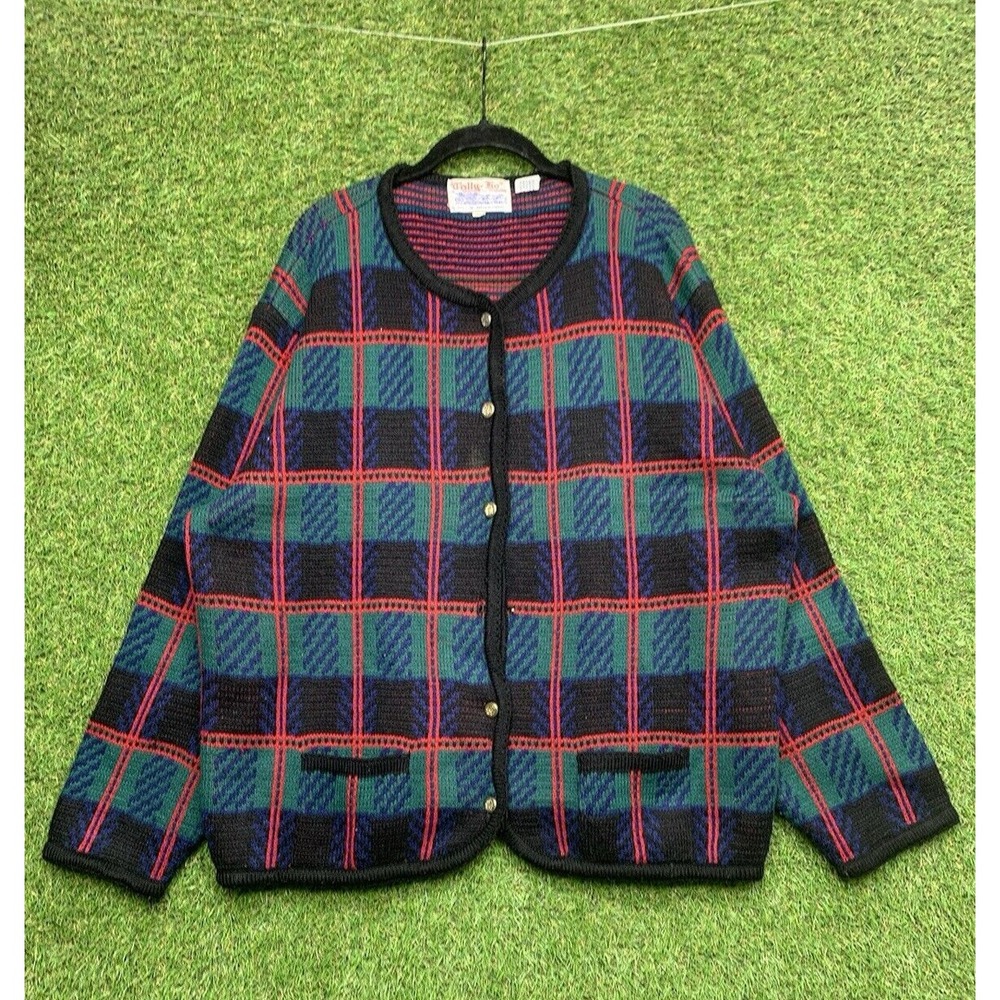 Tally Ho Cardigan Womens 2X Sweater Dark Green Plaid Button Up Heavyweight 1990s